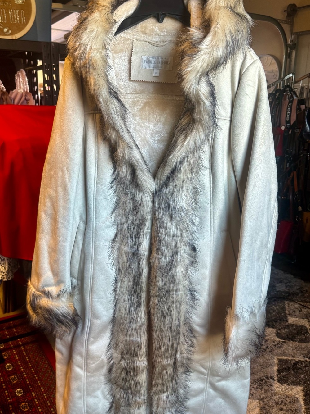Fabulous Furs Cream Suede Coat with Gray-Brown Faux Fur Trim